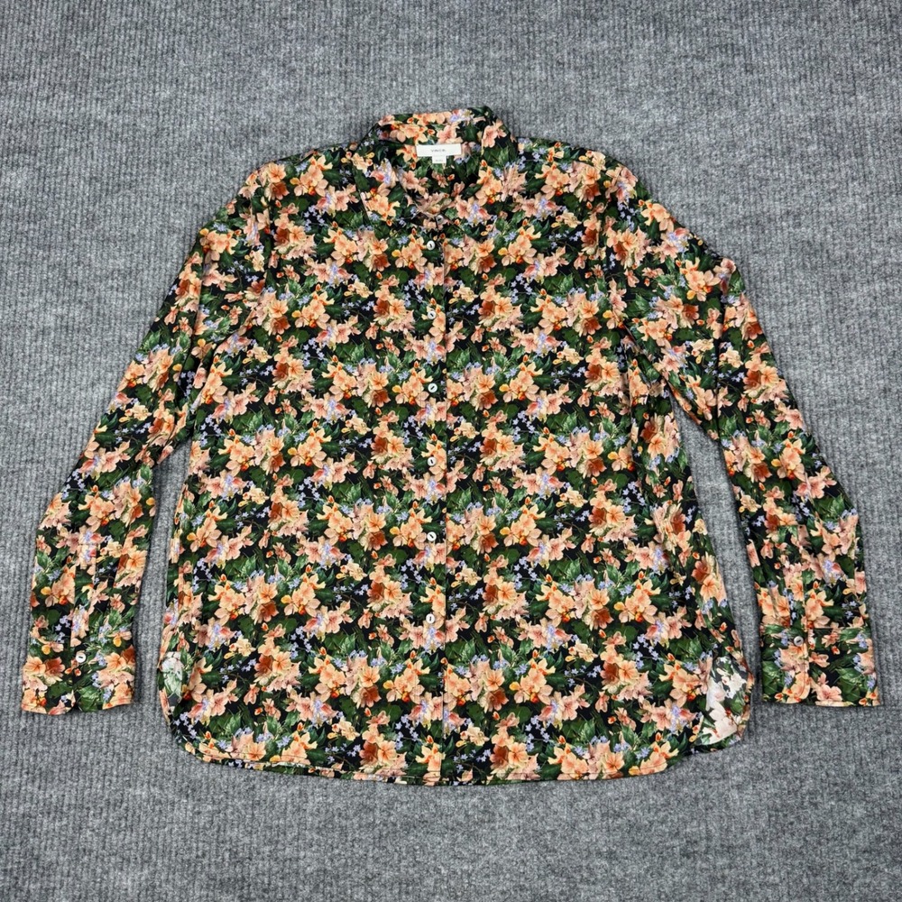 Vince Floral Silk Button Up Shirt Womens XL Stretch Garden Botanical Blouse